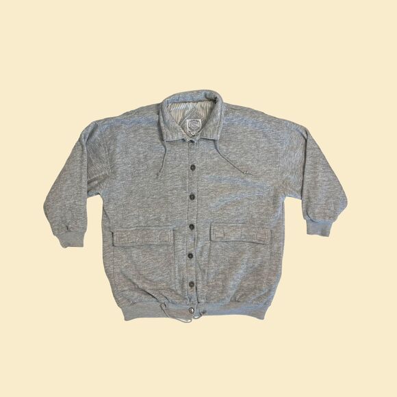 Vintage 80s grey sweatshirt, Be in the Current Seen button up grey jacket - Picture 1 of 9